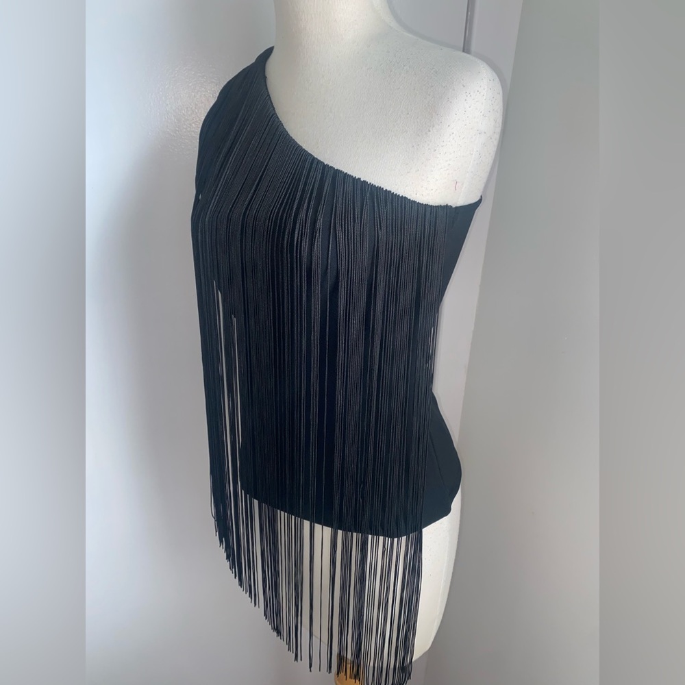 H&M Black One-Shoulder Front Fringe Top - Size S - NEW - Picture 8 of 10